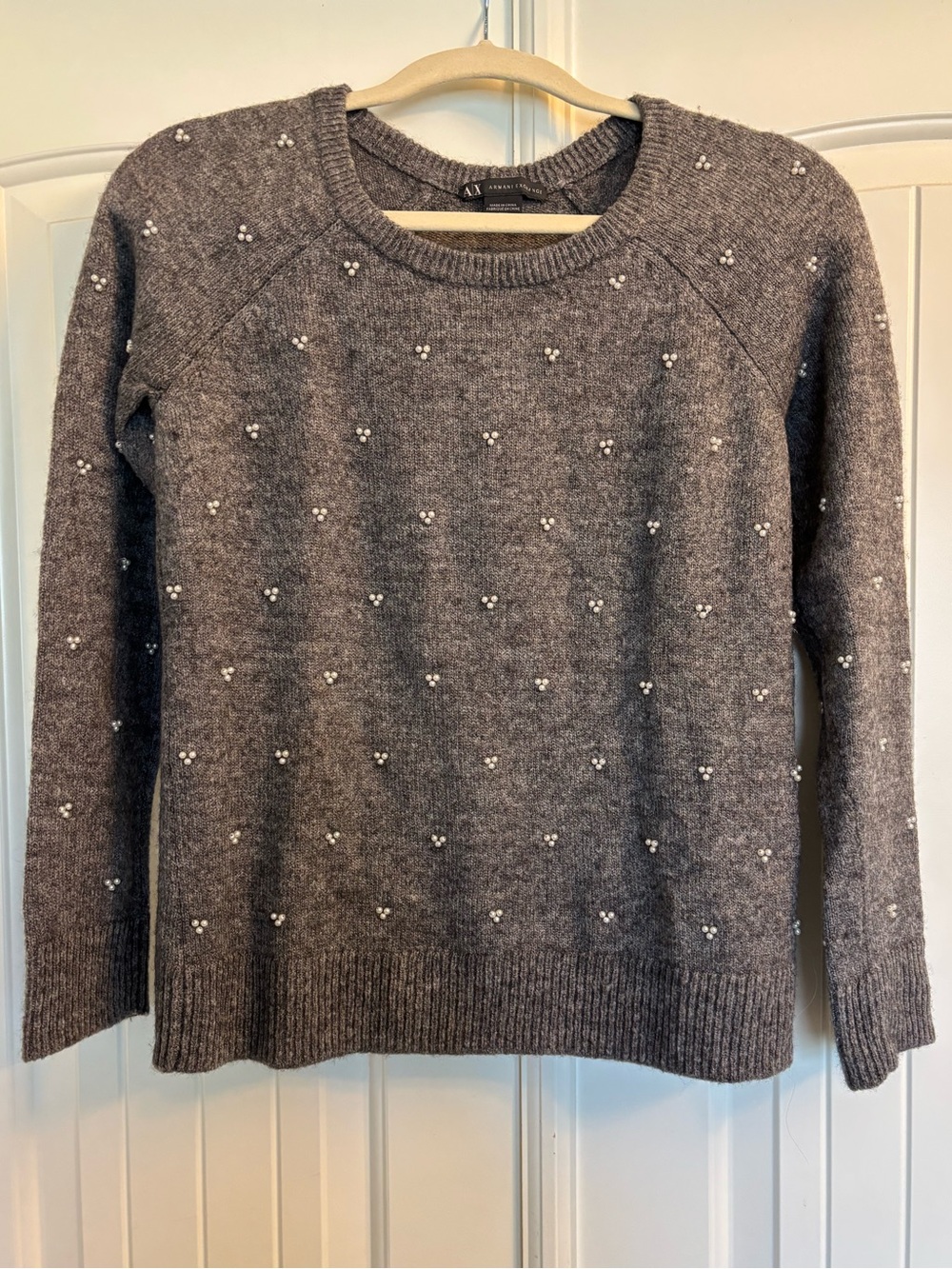 Armani Exchange Wool Blend Gray Crewneck Sweater with Pearl Dot Embellishments
